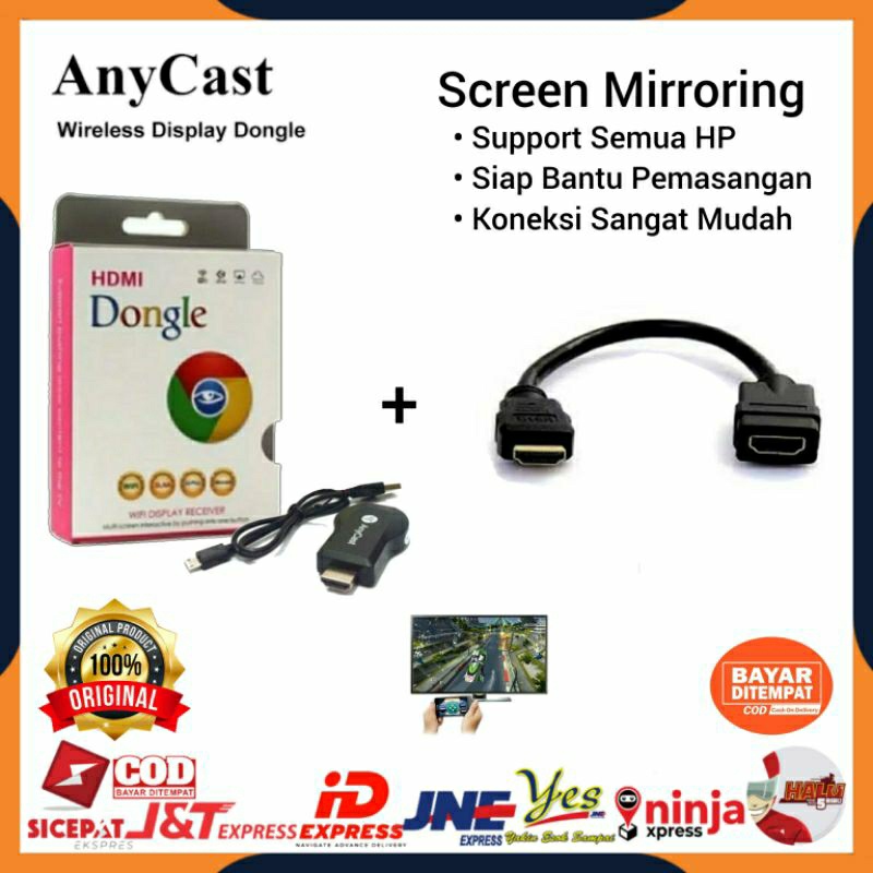 ANYCAST DONGLE WIRELESS PENYAMBUNG HP KE TV / ANYCASH DONGEL MIRACAST WIFI + SAMBUNGAN KABEL HDTV