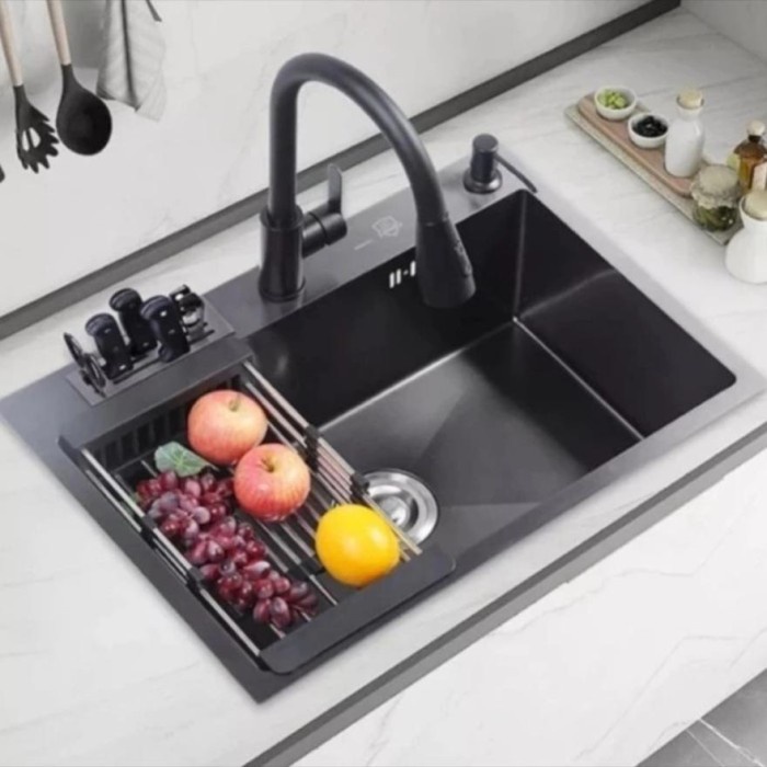 Kitchen Sink 1 Bowl 6045 Black Plus Tempat Pisau Bak Cuci Piring 1 Lubang Hitam Stainless 304