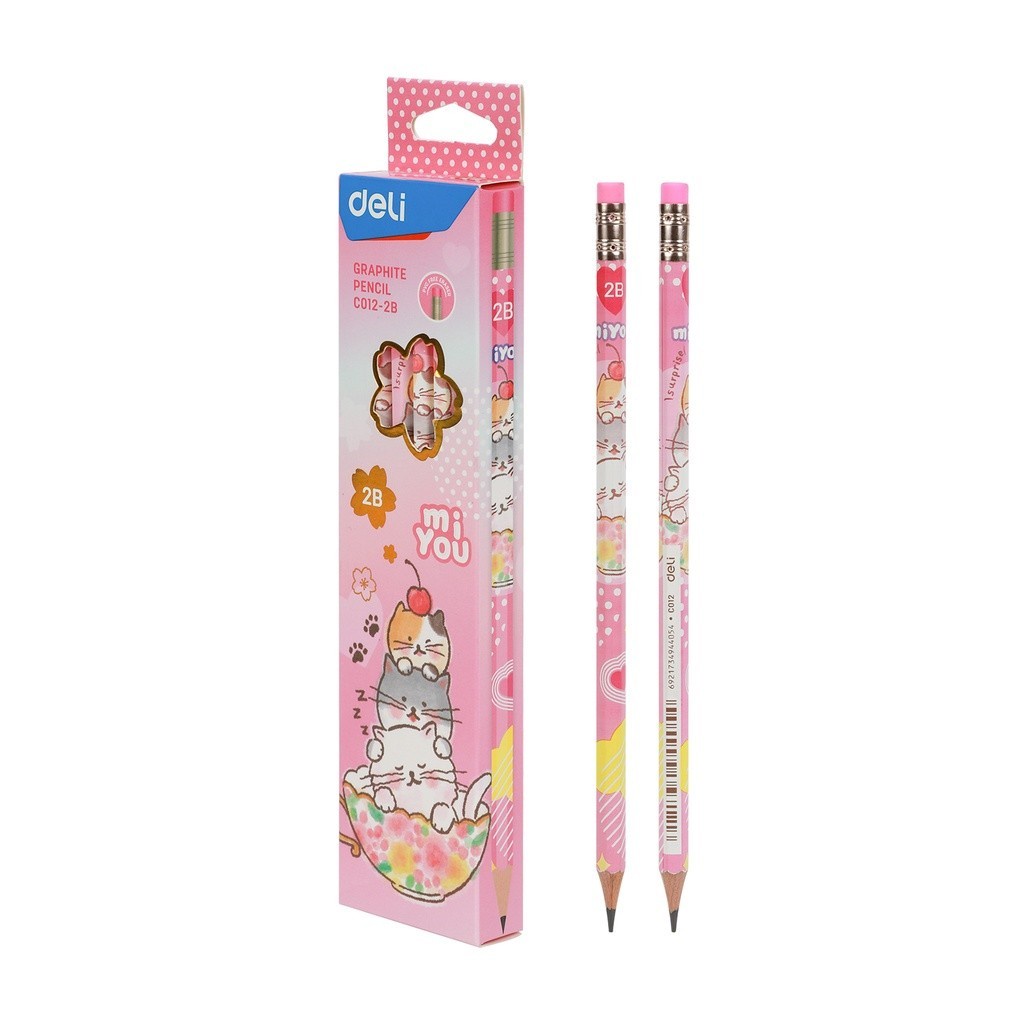 

Deli Graphite Pencil / Pensil Kayu 2B Isi 12Pcs/Pack Dengan Penghapus Desain Miyou Ec012-2B