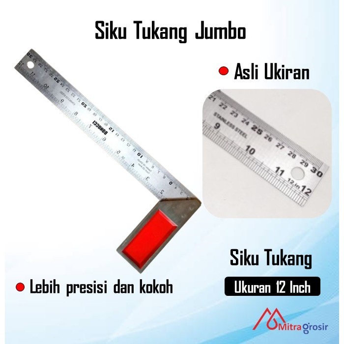 (Expert) Penggaris Siku Tukang Jumbo 30 Cm Stainless 12"/ Siku Tukang Stainless Steel Presisi Kuat