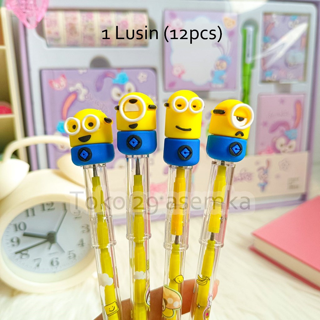 

12PCS SELUSIN PENSIL MINION ISI 12 PCS UNIK PENSIL SUSUN BENSIA PELURU PENCIL KARAKTER REFILL UNIK