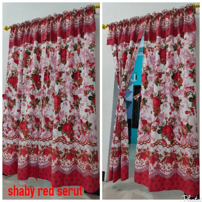murah- Gorden Serut Pintu Belah Tengah Motif Shaby Merah