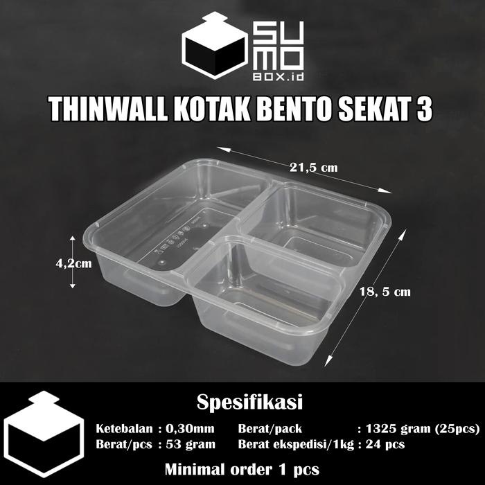 ada- [1 PAK ISI 25 PCS] Bento 3 Sekat + Tutup / Thinwall Bento Sekat / Box Kotak Nasi Plastik