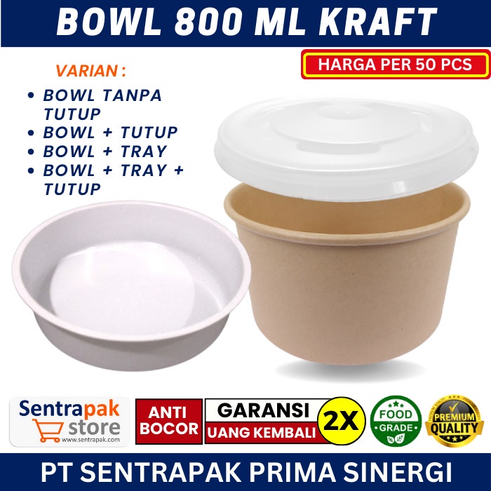silahkan- Paper Bowl 800ml Kraft dengan tutup dan Tray - Mangkok Kertas 800 ml