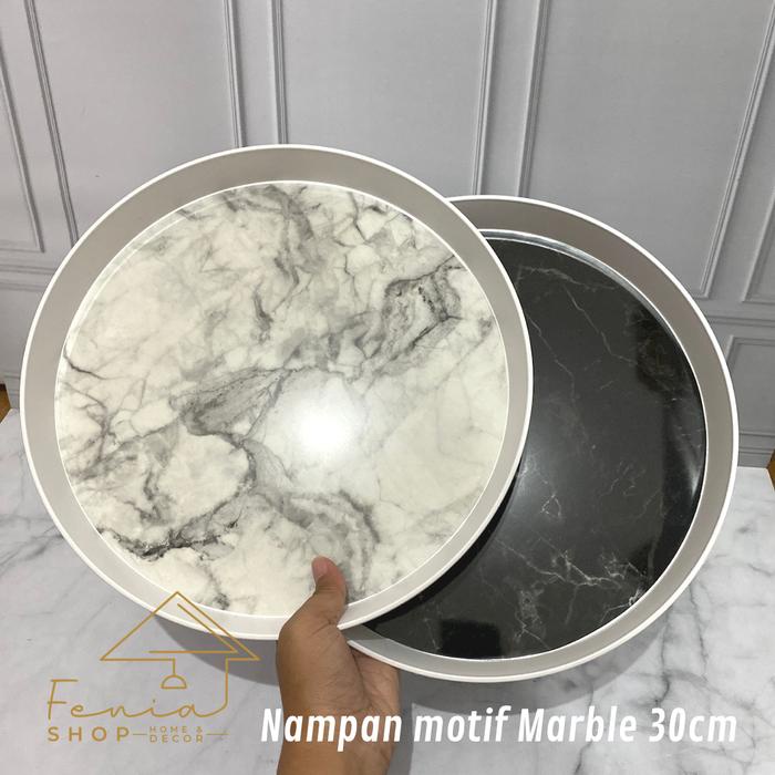 silahkan- Nampan Bulat motif Marble Plastik Hijau Hitam Putih