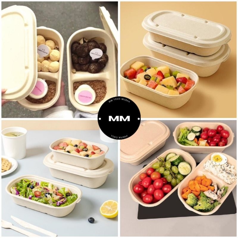 UM1 10pcs bagasse food box oval + tutup bagasse lunch box cake