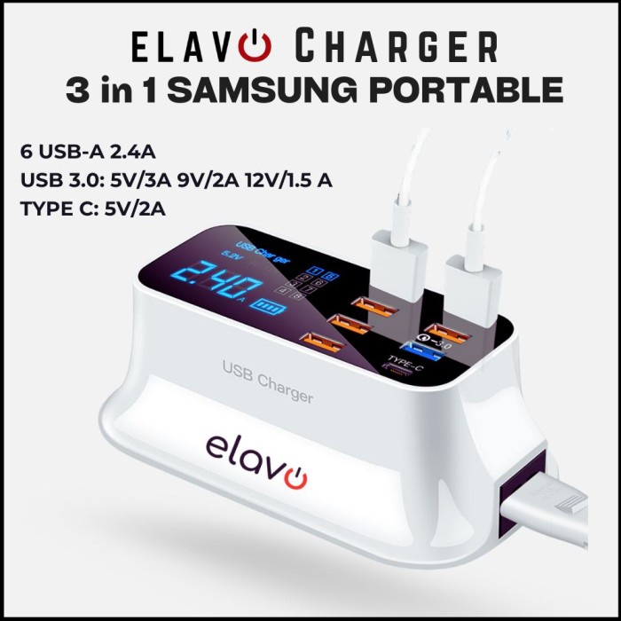 Ready ELAVO 8 IN 1 FAST Charging LED digital USB Type C port smart charger