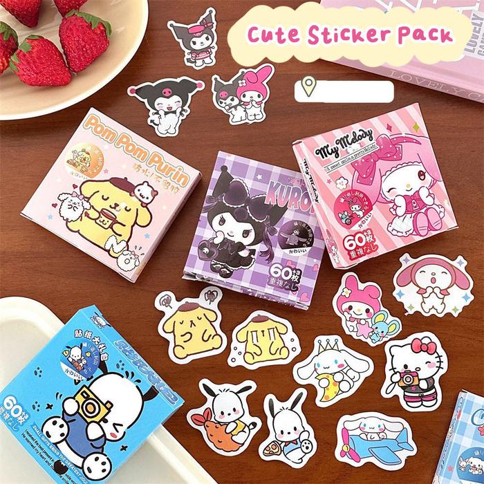 

New SHINSDAY (60pcs) Sticker Lucu Karakter Sanrio Pomponpurin Cinamoroll Kuromi Hello Kitty My