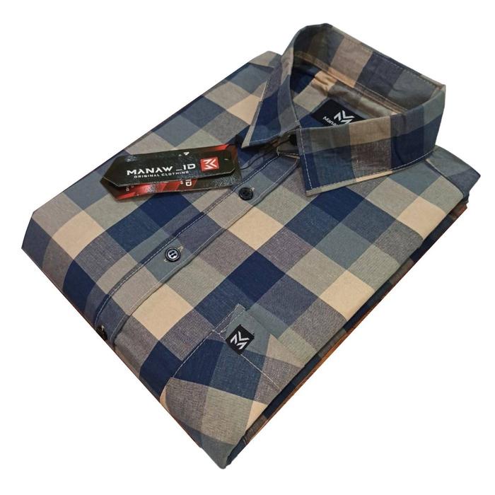 Navero-Kemeja lengan pendek pria Katun kemeja kotak kotak