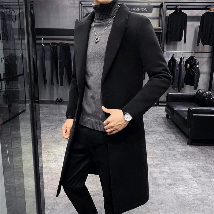 Jas Long Coat Blazer Cowok Musim Dingin Pria Korean style Jaket Katun Panjang Tebal Hitam Keren Semi