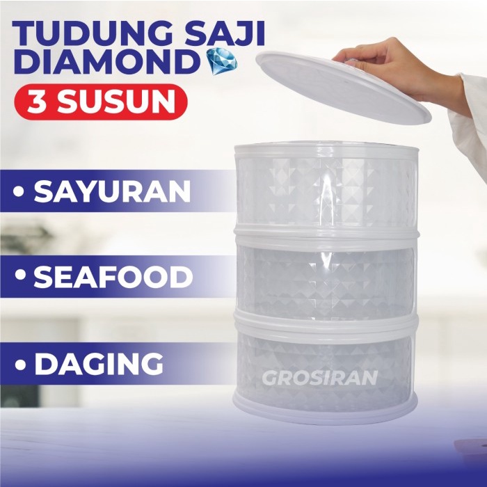 [Diamond Shape] Tudung Saji 3 Susun PUTIH / Rak Makanan Susun Kekinian