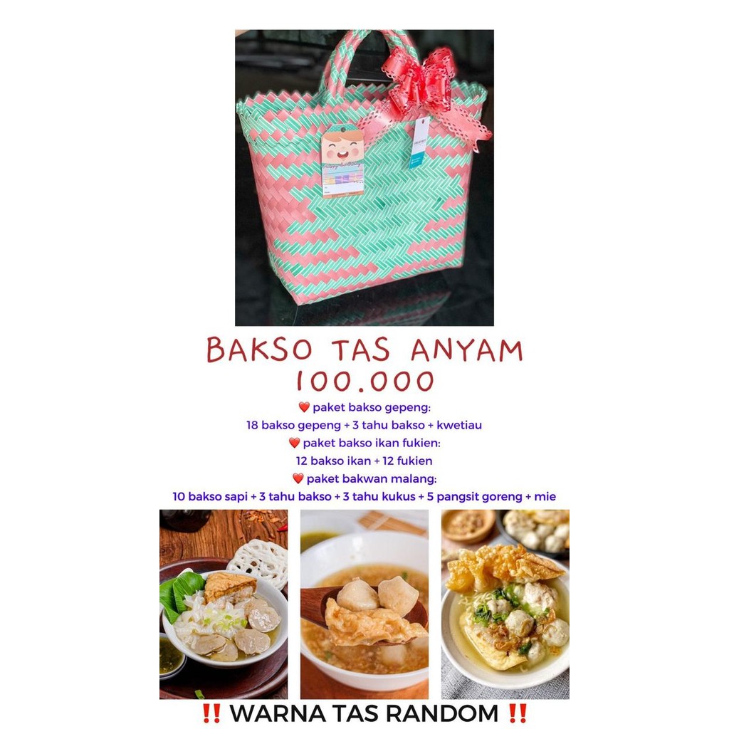 

Kirim,HariYgSama- Bakso Tas Anyam , READY SETIAP HARI, NOTE TGL DAN UCAPAN