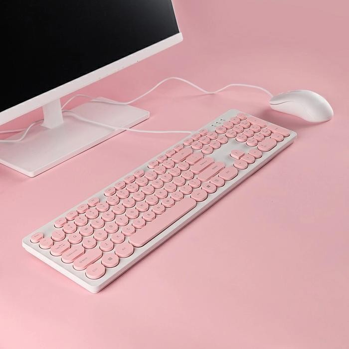 Juara_Tecno Keyboard Dan Mouse Kabel Usb Wired Keyboard Pink Lucu Set Mouse For Pc