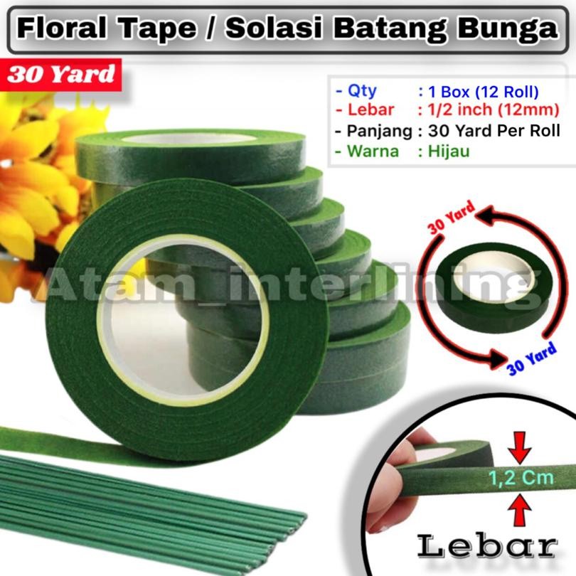 

1 Box isi 12 Roll Floral Tape Lebar 1,2cm Panjang 30 Yard per roll Hijau Selotip Bunga Solatip