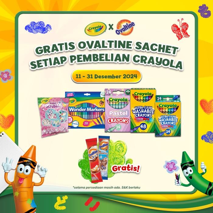 

TERLARIS BUNDLING CRAYOLA 24ct Regular Washable Crayons x Ovaltine 18s