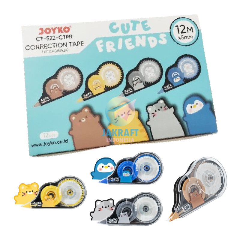 

UM1 (12 Pcs) GROSIR Correction Tape JOYKO CT-522-CTFR Cute Friends Fancy Tipe-X Tipex Tip-Ex Pita