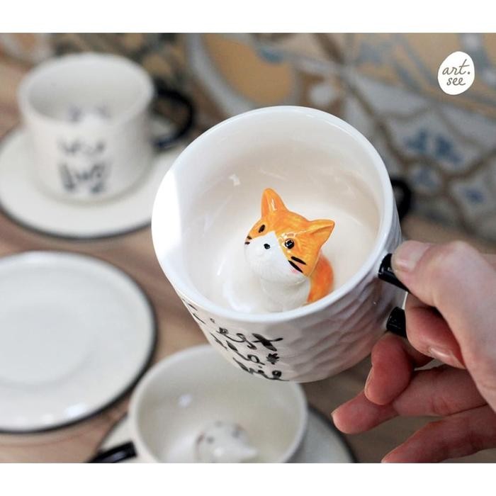 Mug Pop Up Kucing / Set Gelas Tatakan / Cangkir Cat Lucu / Unik / Gift