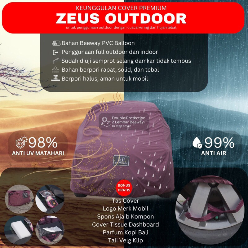 DCOVERIN Type ZEUS OUTDOOR, 2 Lapis Atap TAHAN terbukti  bisa untuk segala dimensi mobil karena