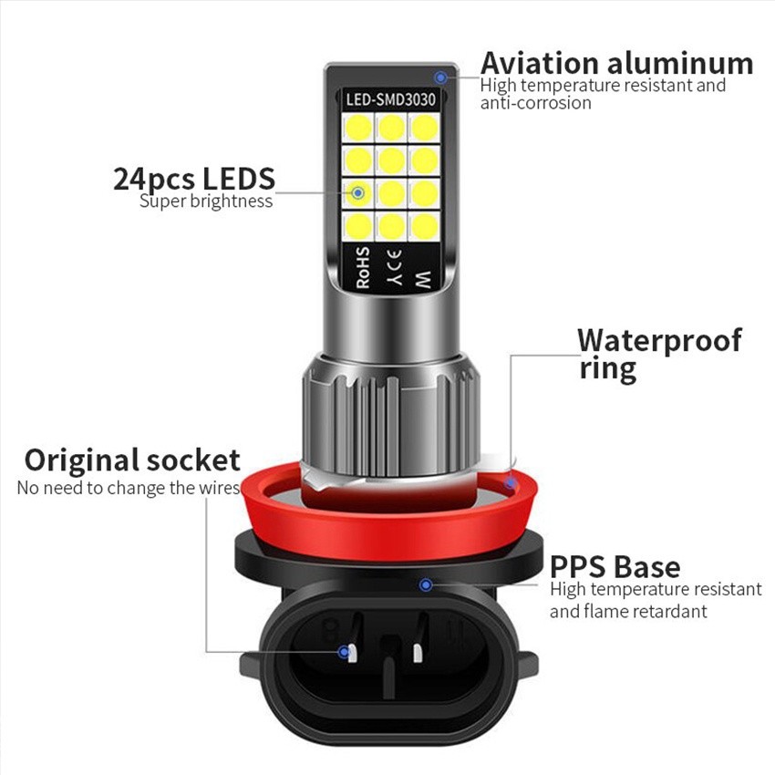 Purvisco - Lampu Kabut Mobil Super Terang H11 3 warna 24SMD Lampu LED Mobil H11 untuk Headlight /