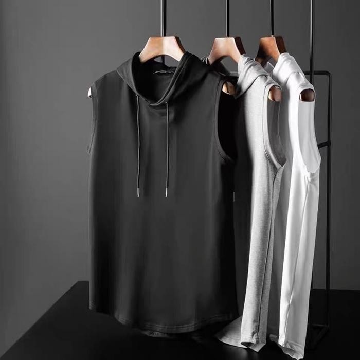 UNI 034 Hoodie Singlet Pria Tanpa Lengan Sleeveless Tank Top Kaos Sweater Polos Olahraga Gym Fitness