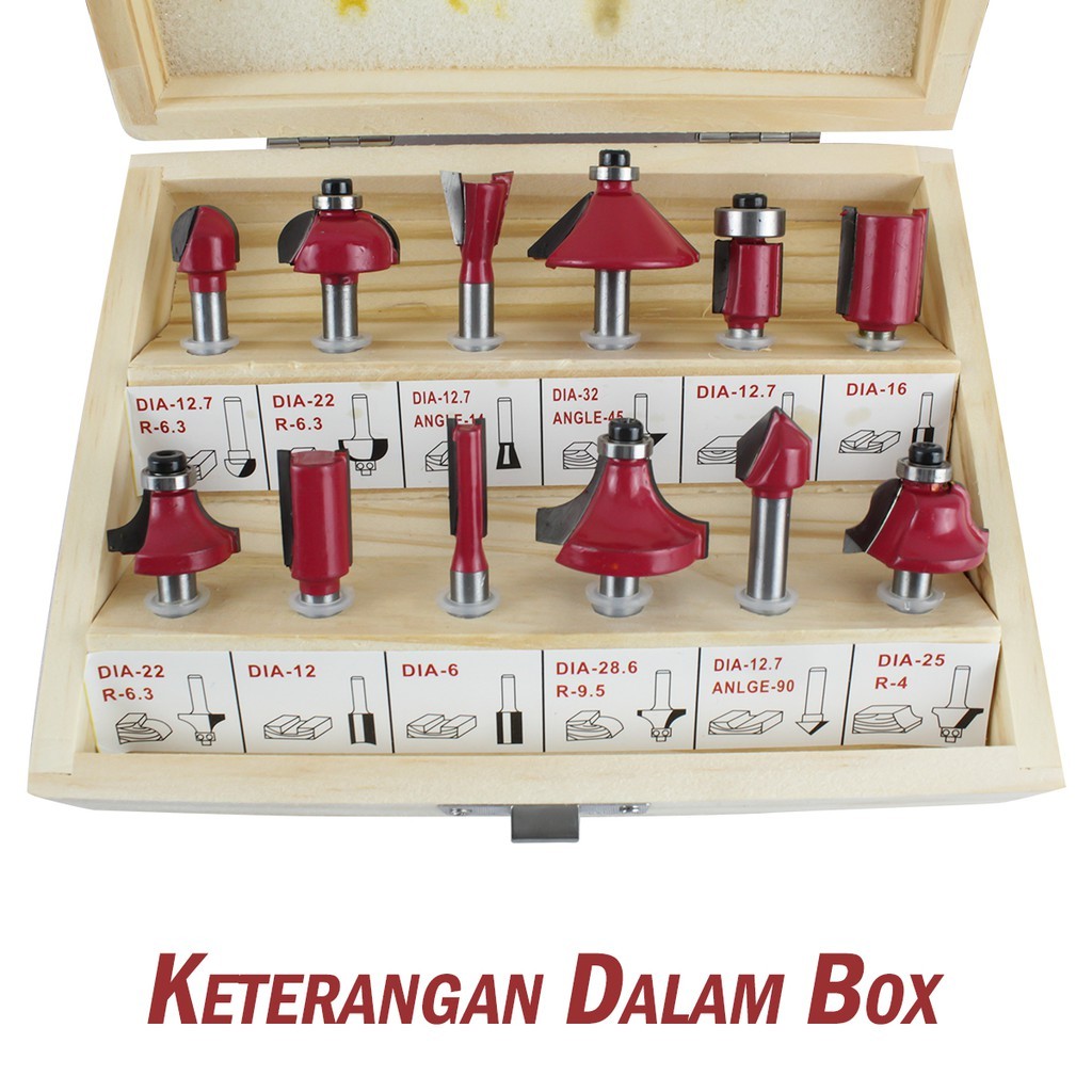 ROUTER BIT SET 12 PCS MATA MESIN PROFIL 1/4 BOX KAYU LENGKAP 270401