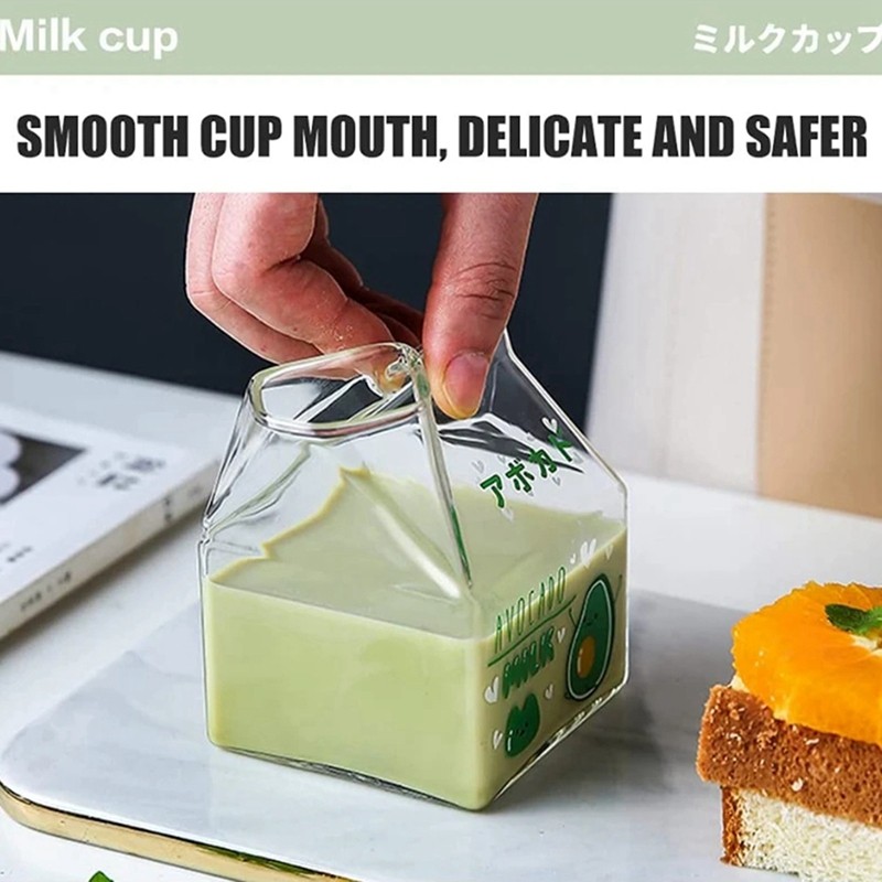 350ML Kawaii Square Milk Carton Glass Cup Heat Resistant Cute Strawberry Peach Breakfast Cup Pudding