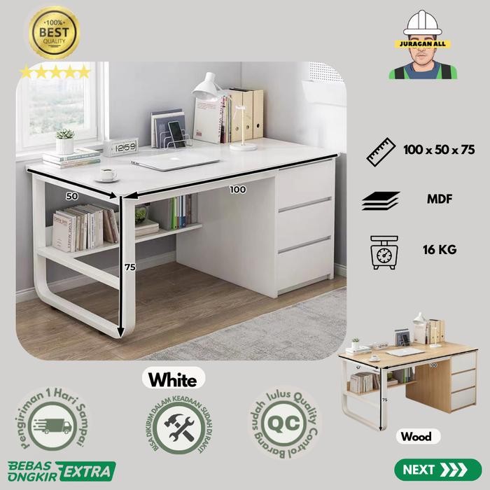 MEJA KERJA MINIMALIS/MEJA KANTOR LACI/MEJA BELAJAR/MEJA KOMPUTER 100CM STANDART - PUTIH