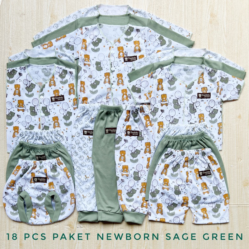Dadidu Sage Green Hijau Series - 18 Pcs Paket Baju Bayi Kekinian Celana Bayi Setelan Bayi Baju Bayi