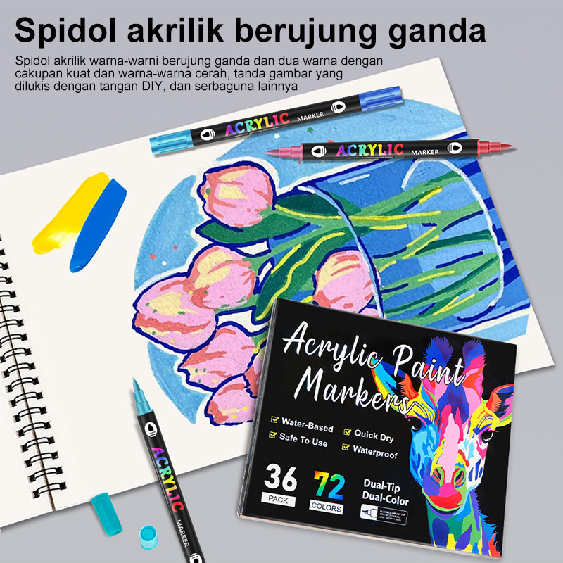 

Spidol Akrilik Dual-Head Dual-Color , Set Melukis 24/48/72 Warna, Pensil Coret-Coret, Set Marker