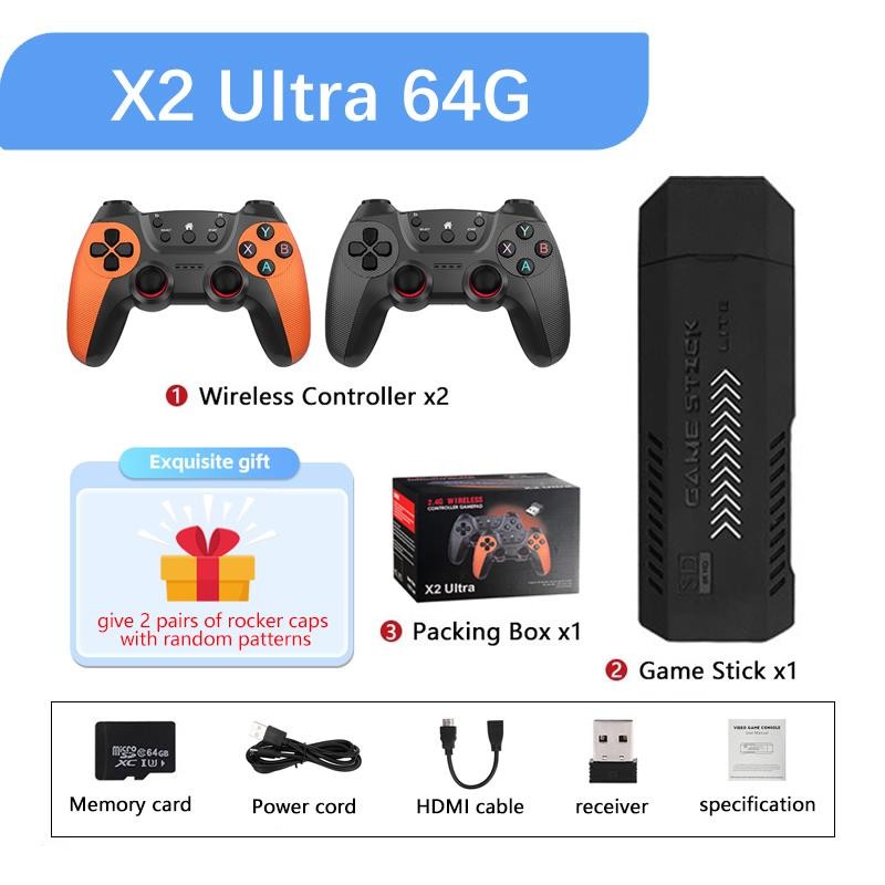 Top: X2 Ultra 4K HD Retro TV Game Console Ultra Low Latency TV Gamestick 2.4G Wireless Dual Gamepads