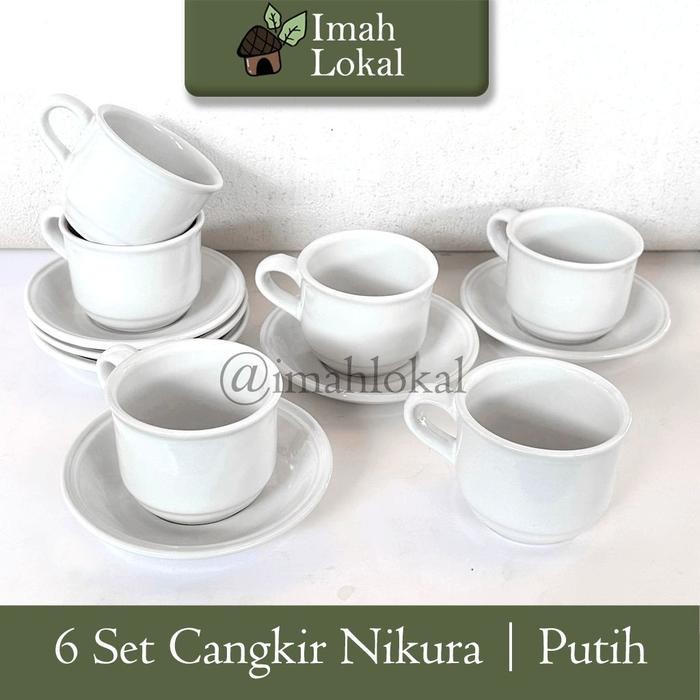 6 Set Cangkir Nikura + Pisin Tatakan Gelas Minum Cafe Kopi Teh PUTIH