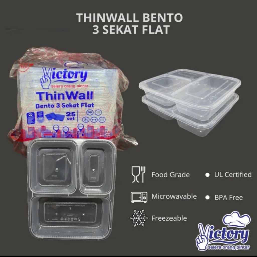 [25 PCS] Thinwall Bento Victory Sekat 4 / Sekat 3 / Tempat Makan Bento  / Bento Plastik / Tempat Mak