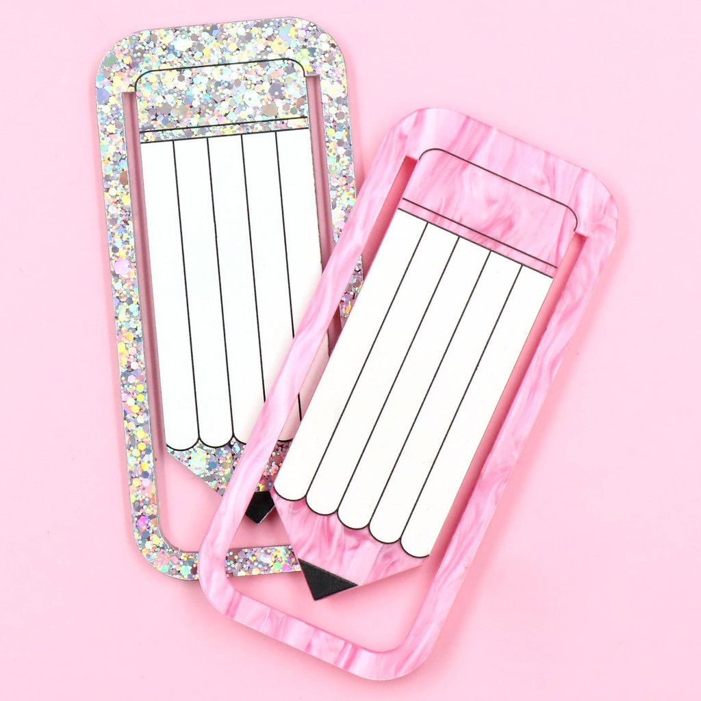 

Personalized Paperclip Bookmark Pink Marble Glitter Pen Acrylic Laser Cut Scrap Buster Book Lover