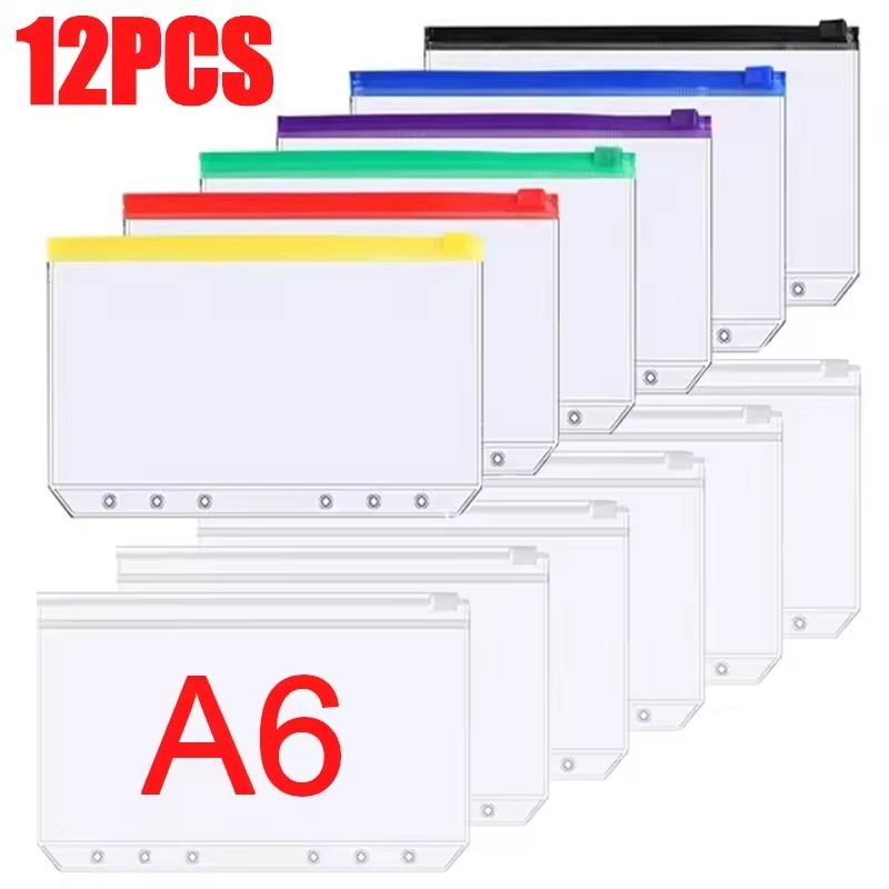 

6/12Pcs Loose Binder A6 6-Hole Zipper Binders Pockets Waterproof Pvc Transparent Envelopes Loose