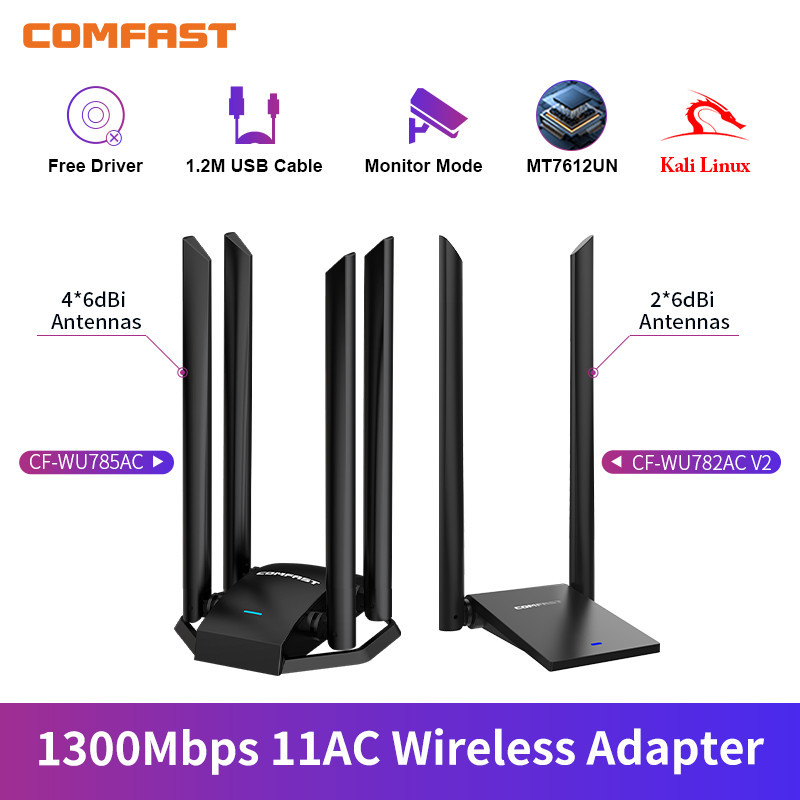 BEST SELLER COMFAST adaptor WiFi 1300Mbps, adaptor WiFi USB3.0 2.4G & 5G kartu jaringan Dual Band MT