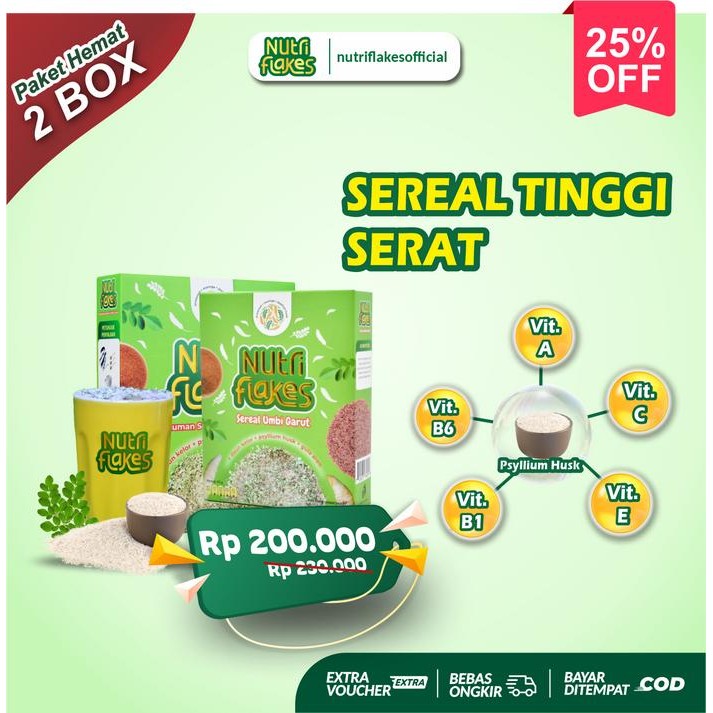 

2 BOX NUTRIFLAKES Susu Sereal Umbi Garut Dengan Daun Kelor & Psyllium Hu Organik BPOM 280gr Gula