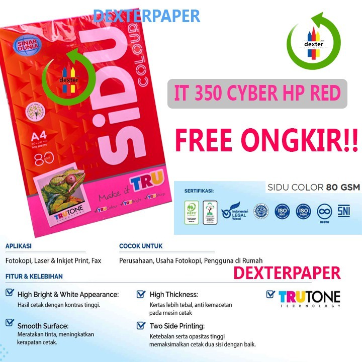 

KERTAS WARNA CYBER RED (MERAH ) A4 SIDU IT 350 COLOUR / KERTAS SPECTRA WARNA IT 80 GSM