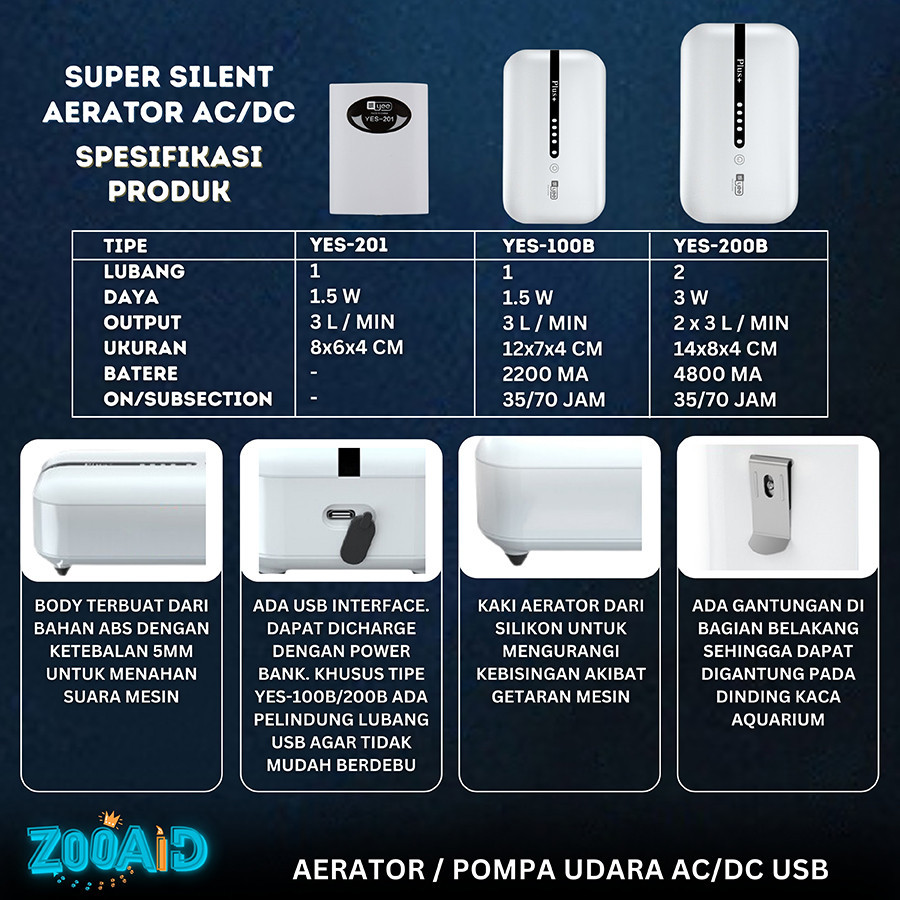 USB AC DC CHARGERABLE SILENT AERATOR PUMP / MINI USB AERATOR AIR PUMP