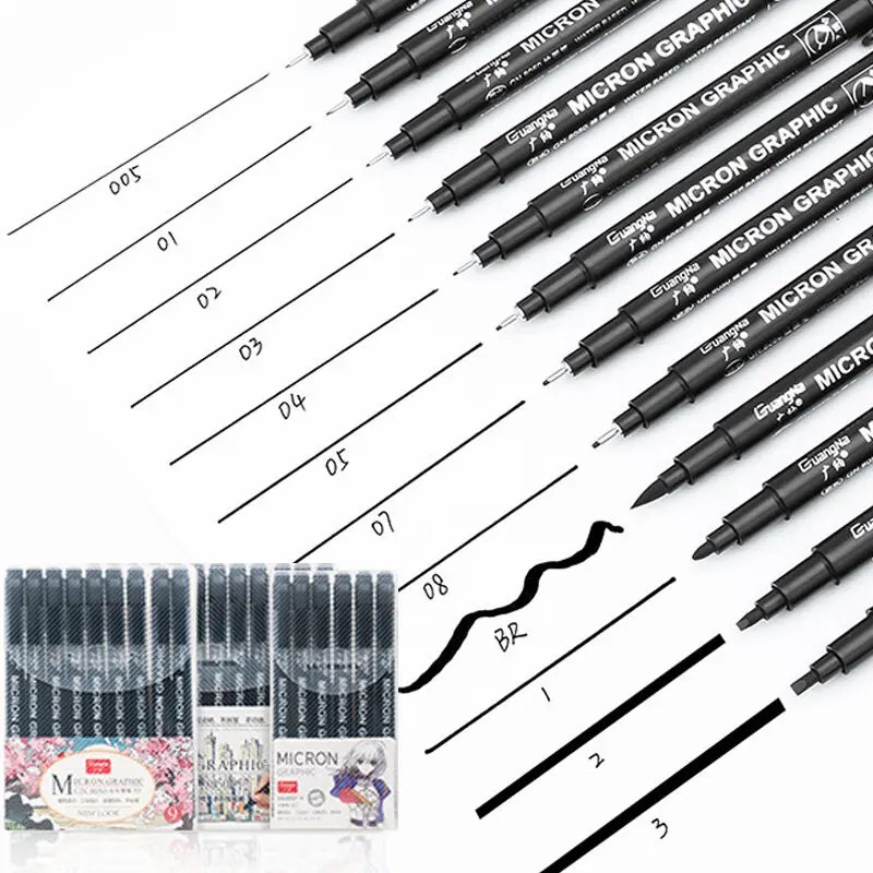 

6/9/12 Black Micron Fineliner Pen Set Waterproof Sketching Drawing Writing Hook Line Brush Tip