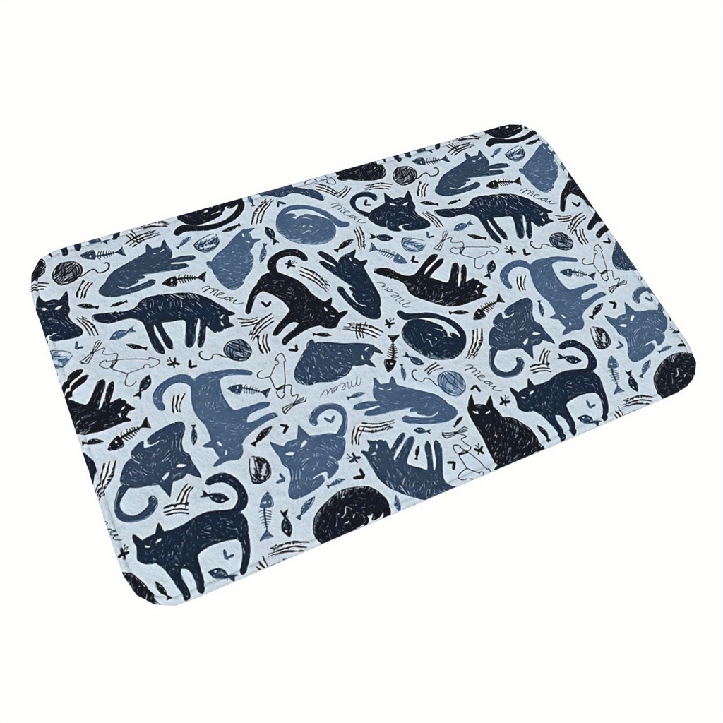

Grey-Blue Cat Sketch Doormat - Non-Slip Polyester Mat, Machine Washable For Living Room Bedroom