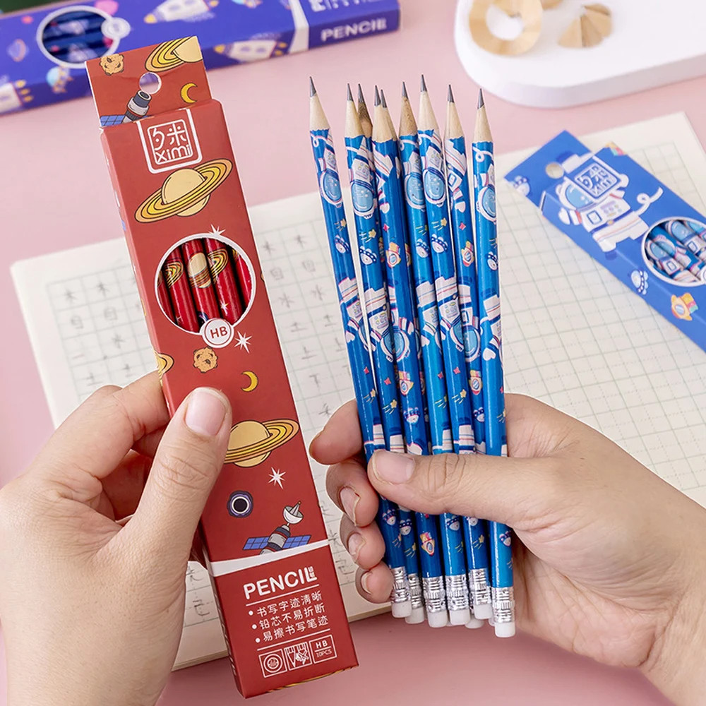 

10Cps Outer Space Astronaut Wooden Pencils With Eraser Hb Pencil Student Sketch Pen Writing Pen