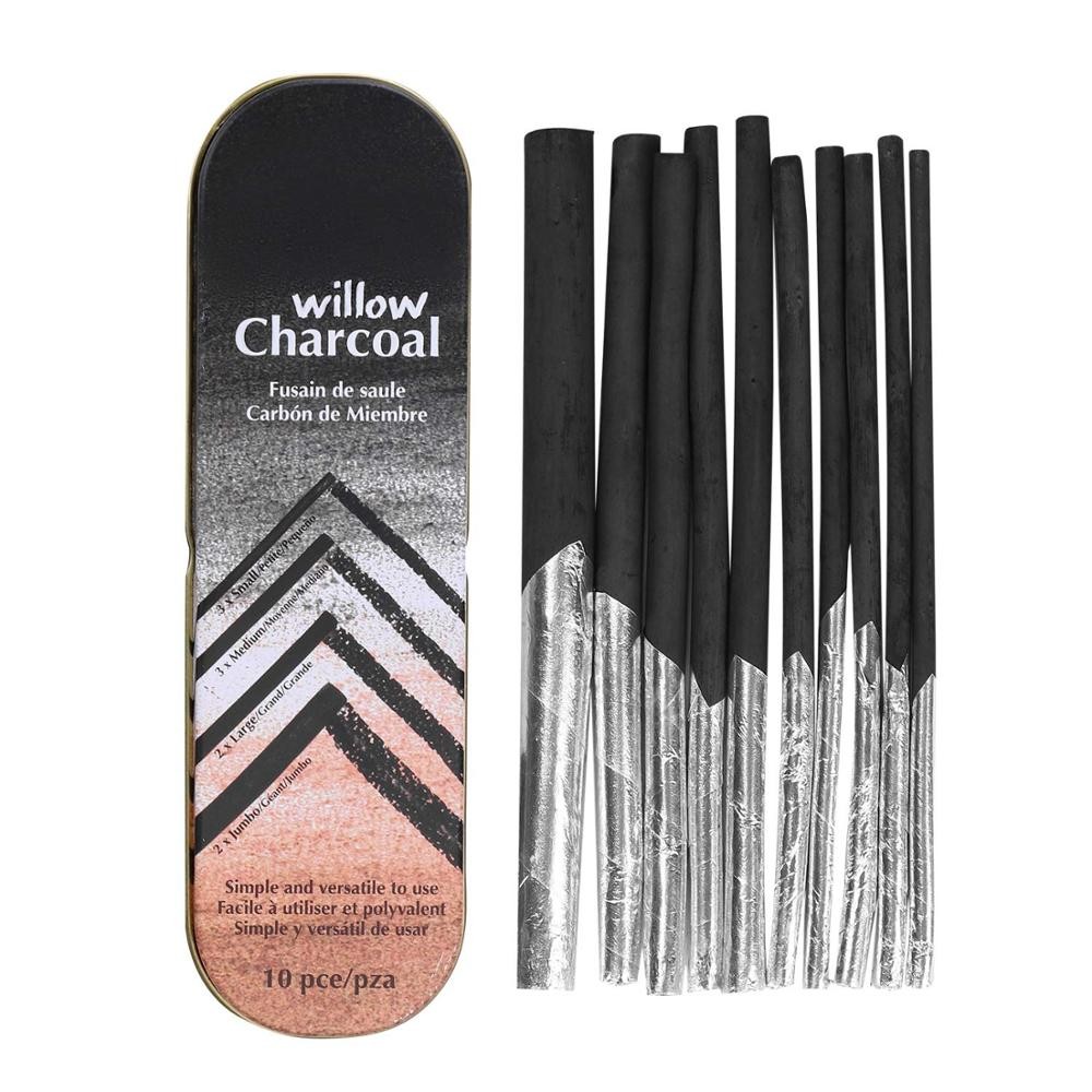 

10 Pcs Willow Charcoal Sticks Art Drawing Pencils Sketch With Tinfoil Tinted Paper & Metal Box For