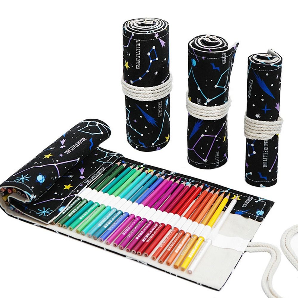 

12/24/36/48/72 Holes Pen Curtain Fashion Starry Sky Printing Canvas Pencil Bag Roll Up Pen Bag