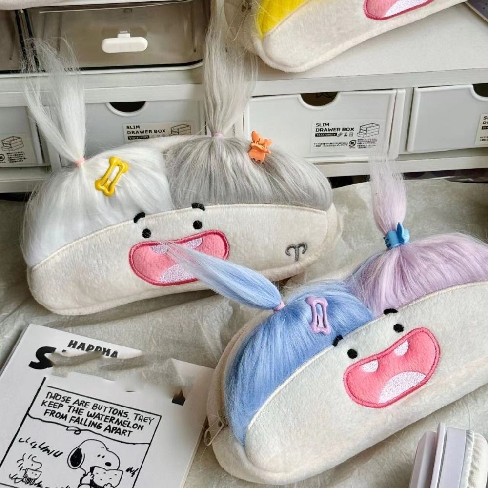 

Diy Fluffy Hair Afro-Hair Doll Pen Bag Zipper Kawaii Pencil Case Holder Funny Large Capacity Soft