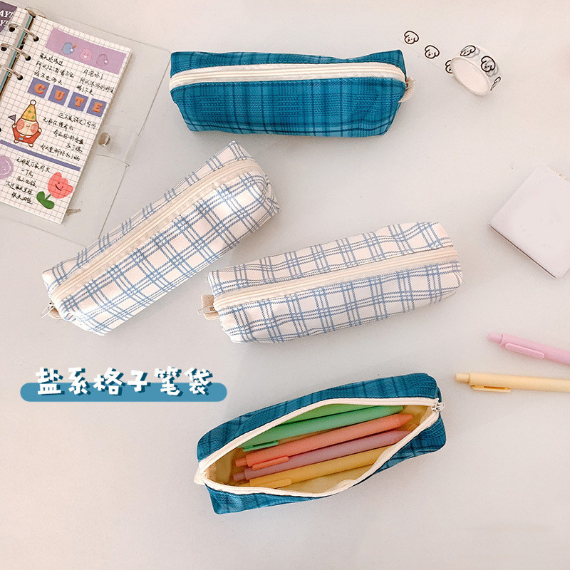 

1Pcs Student Zipper Pencil Bags Large Capacity Canvas Simplicity Checkered School Stationery Boxes