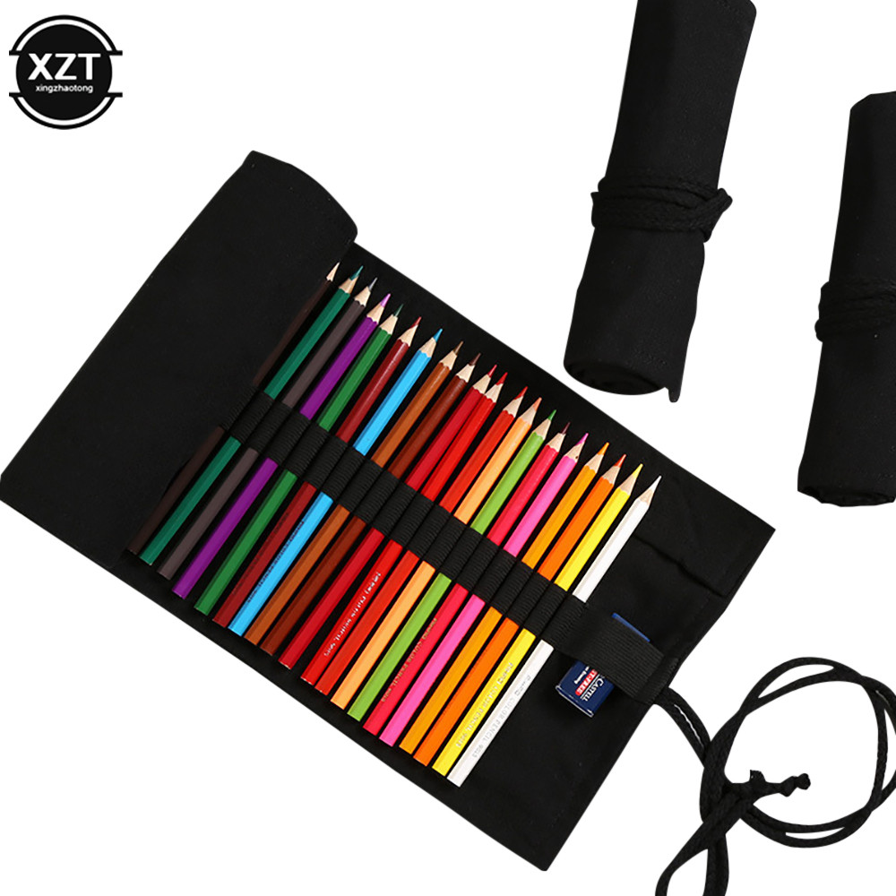 

Black Color School Pencil Case Roller 12/24/36/48/72/108 Holes Canvas Roll Up Makeup Canva Pen Bag
