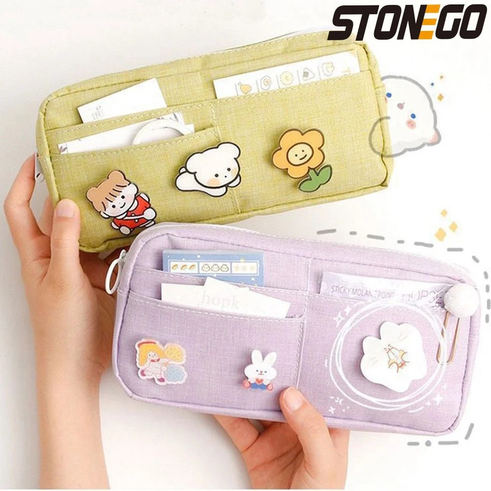 

Stonego Canvas Pencil Case Cute Animal Badge Pink Pencil Cases Large School Pencil Bags For Maiden