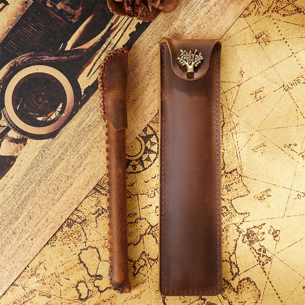 

Genuine Leather Pen Pouch Holder Single Pencil Bag Pen Case With Snap Button For Rollerball Fountain