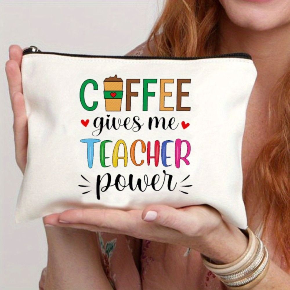 

Coffee Give Me Teacher Power Zipper Pen Bag Portable Multi-Function Large Capacity Pencil Organizer