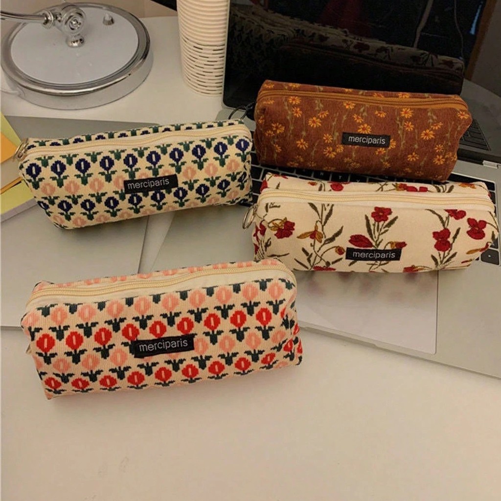 

1Pcs Vintage Flower Grid Corduroy Pencil Bag Artistic Style Pen Case Unique Stationery Storage Pouch